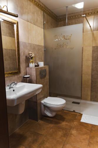 a bathroom with a toilet and a sink and a shower at Karczma Regionalna Hotel GOŚCINNA CHATA in Wysowa-Zdrój