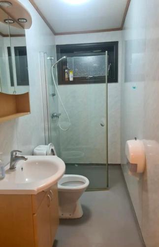 a bathroom with a shower and a toilet and a sink at Sentral leilighet Odda Trolltunga in Odda
