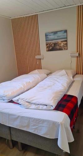 two beds sitting next to each other in a room at Sentral leilighet Odda Trolltunga in Odda