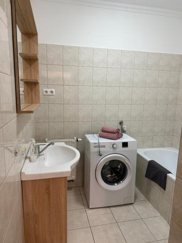 a bathroom with a washing machine and a sink at Alina apartmanok in Hajdúszoboszló
