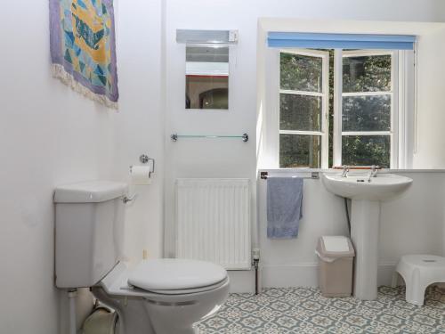 a white bathroom with a toilet and a sink at Lukesland Wing in Ivybridge