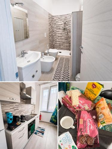 a collage of three pictures of a bathroom with a sink at Casa Concettina in Ercolano