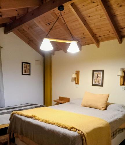 a bedroom with a bed in a room with wooden ceilings at Cabañas LaMaria in Coronel Suárez