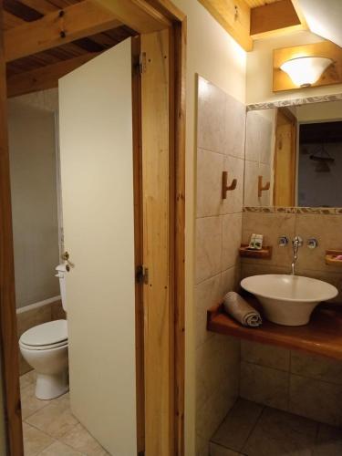 a bathroom with a sink and a toilet at Cabañas LaMaria in Coronel Suárez