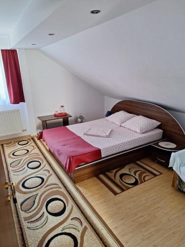 a bedroom with a bed and a large rug at Vila Simona in Călimăneşti
