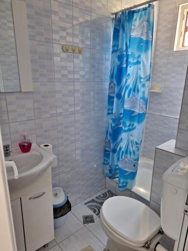 a bathroom with a toilet and a shower curtain at Vila Simona in Călimăneşti