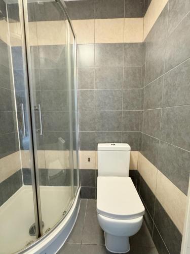 a bathroom with a toilet and a shower at Plaza Hotel in London