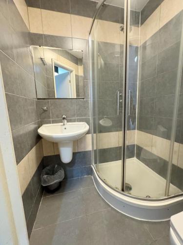 a bathroom with a sink and a shower at Plaza Hotel in London