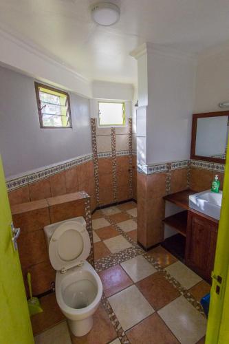 a bathroom with a toilet and a sink at We Travel Hostel in Moshi