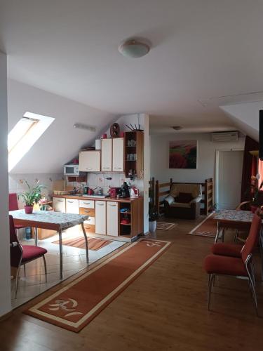 a living room with a table and a kitchen at Pasager House in Sovata