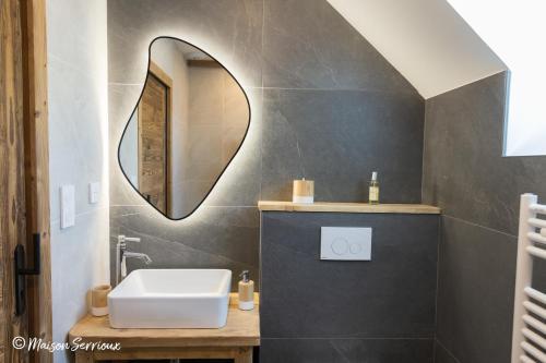 a bathroom with a sink and a mirror at Maison Serrioux in Cholonge