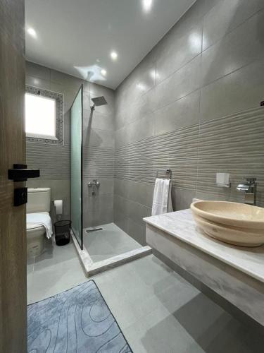 a bathroom with a large sink and a shower at Saqqara Pyramids view Hotel in Cairo