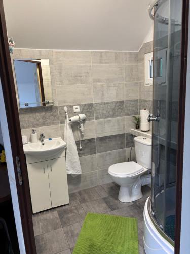 a bathroom with a toilet and a sink and a shower at Ubytovanie v hosťovskom dome Flower in Veľký Meder