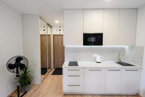 a kitchen with white cabinets and a sink at NOVA Apartment - 1 in Klaipėda
