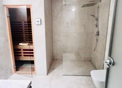 a shower with a glass door in a bathroom at Lanas place in Ljubljana