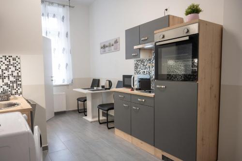 a kitchen with grey cabinets and a counter top at Paky Appartements 00209 in Vienna