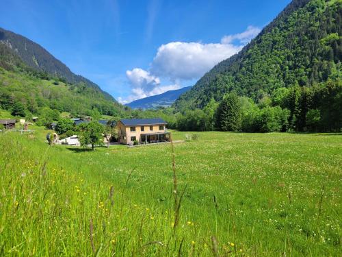 a field of grass with a house in the mountains at Haus Valtellina in Sankt Gallenkirch