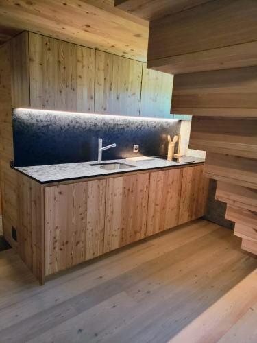 a kitchen with a sink and wooden walls at RISTORO TANEDA in Quinto
