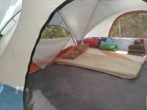 a tent with a bed in the inside of it at Pine Ridge 4-Person Tent in Pleasing Prospect