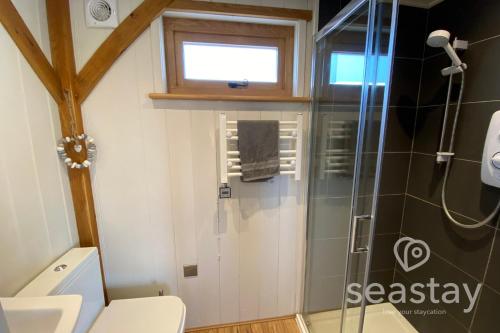 a bathroom with a shower and a toilet at The Gatehouse Lodge Farm Stay, Distant Sea Views in Deal