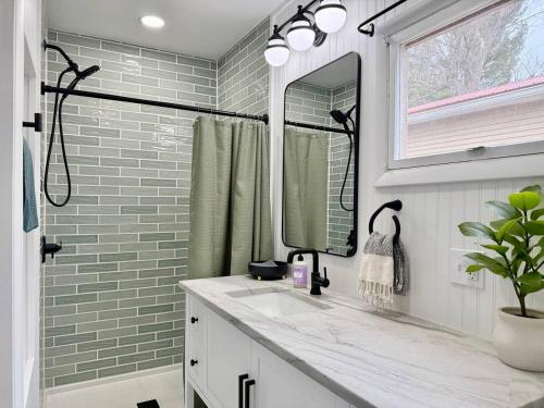 a bathroom with a sink and a mirror at Cayuga lake cottage with private lake access in Washingtonville