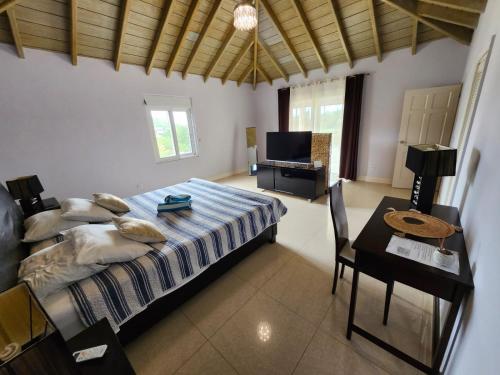 a bedroom with a bed and a table and a desk at C'RENITY VILLA in Cul de Sac