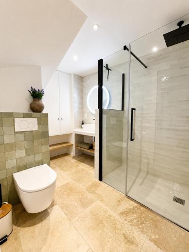 a bathroom with a toilet and a glass shower at Charming house with rooftop - Gassin in Gassin
