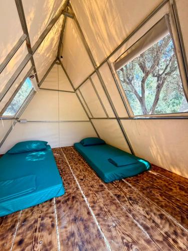 a room with two beds in a tent with a window at Borsh Olive Camping in Borsh