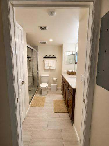 a bathroom with a toilet and a shower and a sink at Luxury Downtown Escape Pool, Spa and Cafe in Fort Myers
