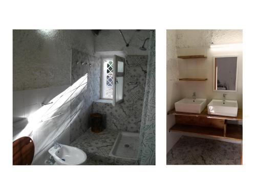 ポルト・コンテにあるLa Baiaの洗面台とトイレ付きのバスルームの写真2枚