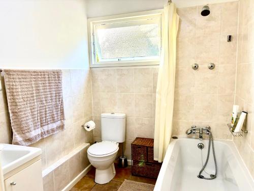 a bathroom with a toilet and a tub and a sink at Bay Vista Garden Flat in Glencairn