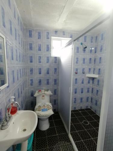 a blue and white bathroom with a toilet and a sink at Hotel Elohim Tequis in Tequisquiapan