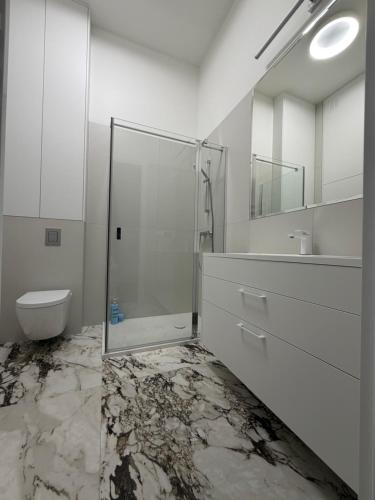 a bathroom with a glass shower and a toilet at Apartament Brzeg in Augustów