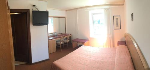 a bedroom with a bed and a desk and a window at Hotel Juventus in Auronzo di Cadore