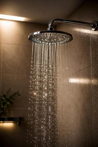 a chandelier hanging from a shower in a bathroom at New Eurovea Tower in Bratislava