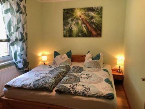 a bed in a bedroom with two lamps and a painting at Ferienhaeuser-Am-Eichenberg-Haus-1 in Blankenburg