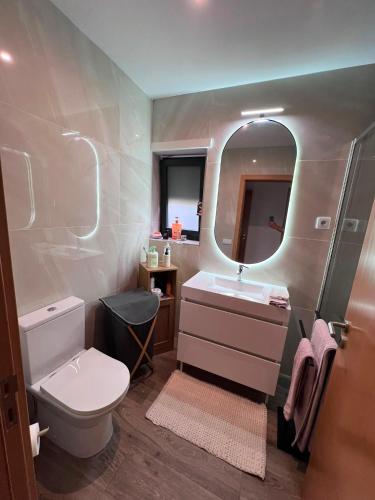 a bathroom with a toilet and a sink and a mirror at Casa do Rio in Freixieiro de Soutelo