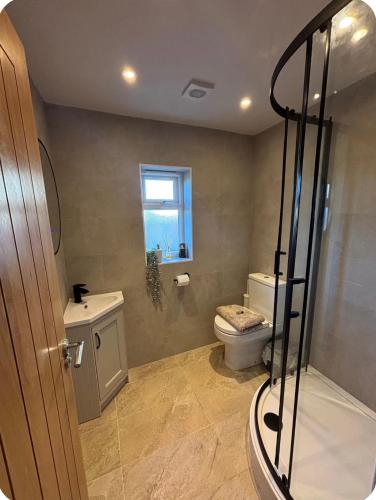 a bathroom with a shower and a toilet and a window at Valley View in Port Isaac