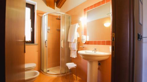 a bathroom with a sink and a shower and a toilet at Residence Les Nigritelles in Cogne