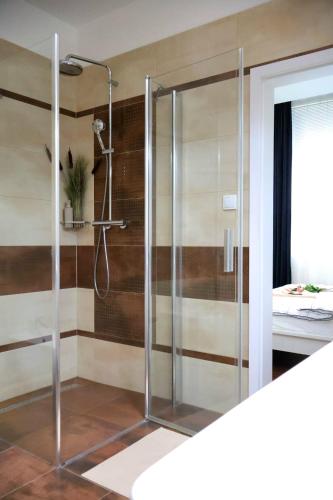 a shower with a glass door in a bathroom at Apartman Deluxe Astrova B in Bratislava
