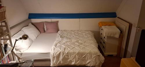 a small bedroom with a bed with a blue headboard at Homestay Maashees in Maashees