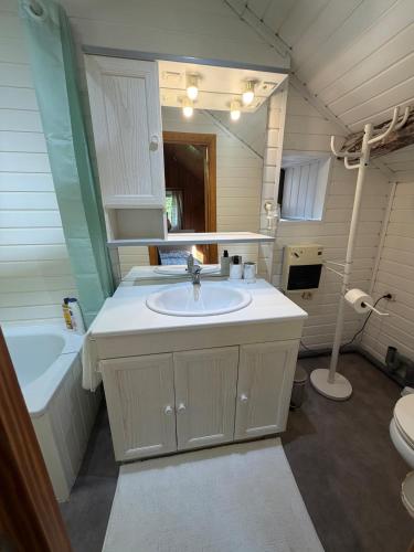 a bathroom with a sink and a tub and a toilet at Le Petit Fournil d'Aywaille in Aywaille