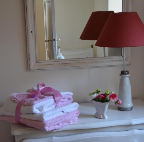 a pile of towels on a table in front of a mirror at Gîte La Bertichère in Saint-Jean-le-Thomas