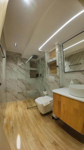 a bathroom with a toilet and a sink and a mirror at Vila Kosteli in Himare