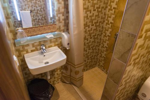 a small bathroom with a sink and a shower at Motel Orhideja in Donji Vakuf