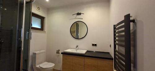 a bathroom with a sink and a mirror at Domki Malibu in Tupadła