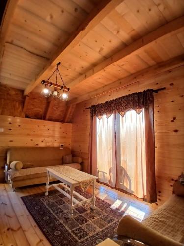a living room of a log cabin with a couch and a window at Hasan's Place Temnjaci in Plav
