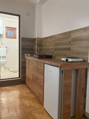 a kitchen with a counter and a white refrigerator at Amelia Accommodation Pestani Ohrid in Ohrid