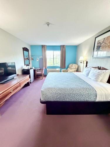 a hotel room with a bed and a flat screen tv at Scenic Hills Inn in Branson