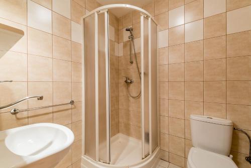 een badkamer met een douche, een toilet en een wastafel bij Penzion Eso in Martin
